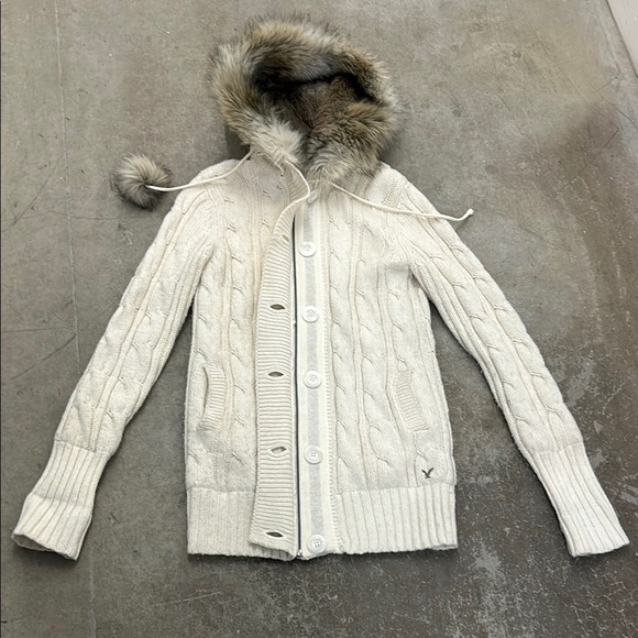 American Eagle Outfitters Sweaters - Cozy Cream Cable-Knit Hooded Sweater